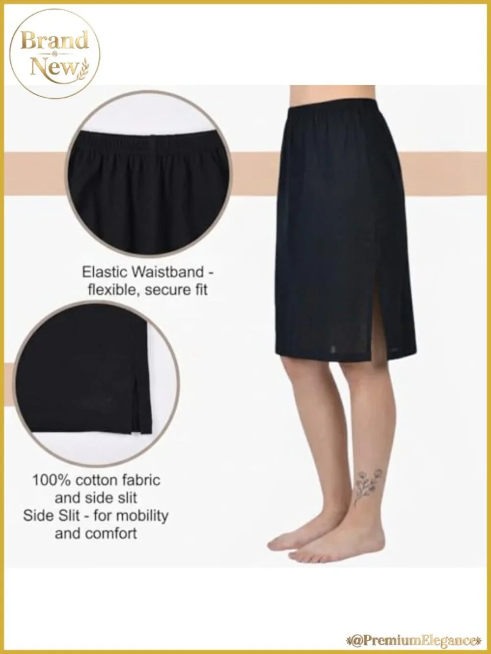 Women's Cotton Half Slip Skirts with Double Slits Knee-Length 2 Pack